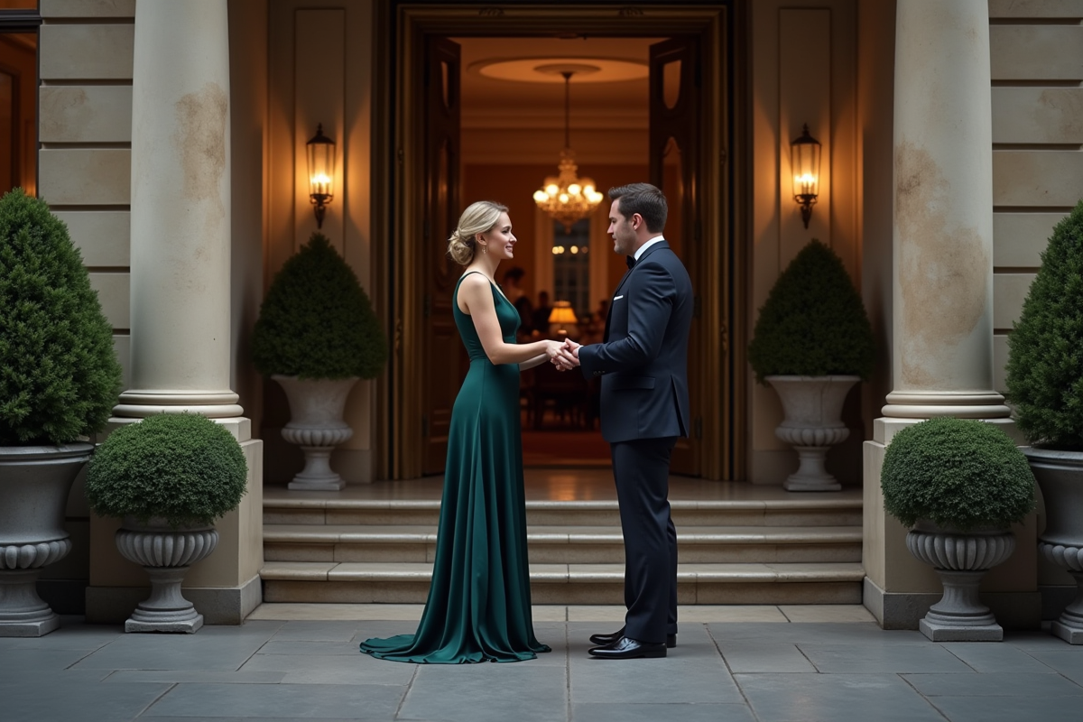 Couple en soirée accueillis devant un hôtel parisien