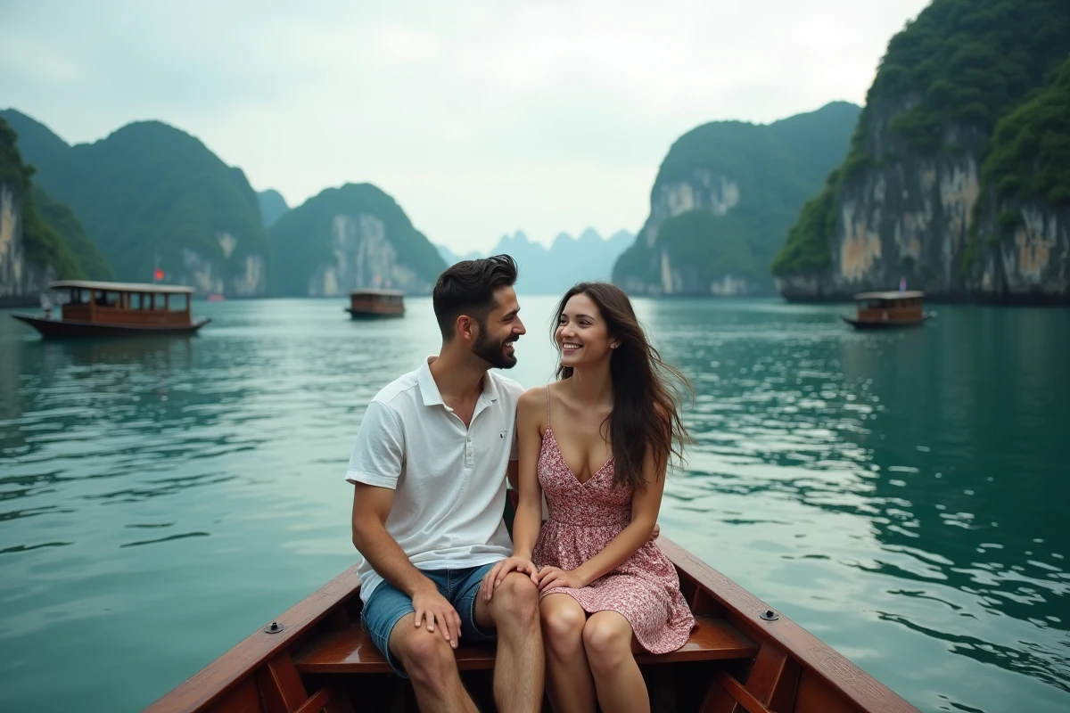 Couple sur une jonque traditionnelle dans la baie d'Ha Long au Vietnam