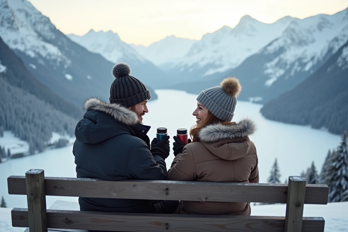 Couple de randonneurs au repos sur un banc avec vue panoramique sur le lac Oeschinensee gelé et les sommets enneigés