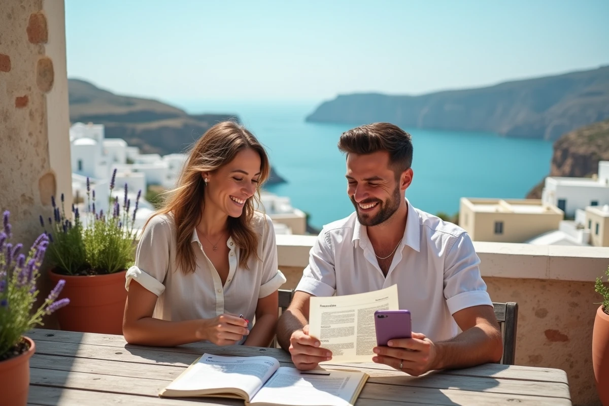 Couple planifiant leurs vacances sur une terrasse méditerranéenne avec vue sur la mer et un village blanc