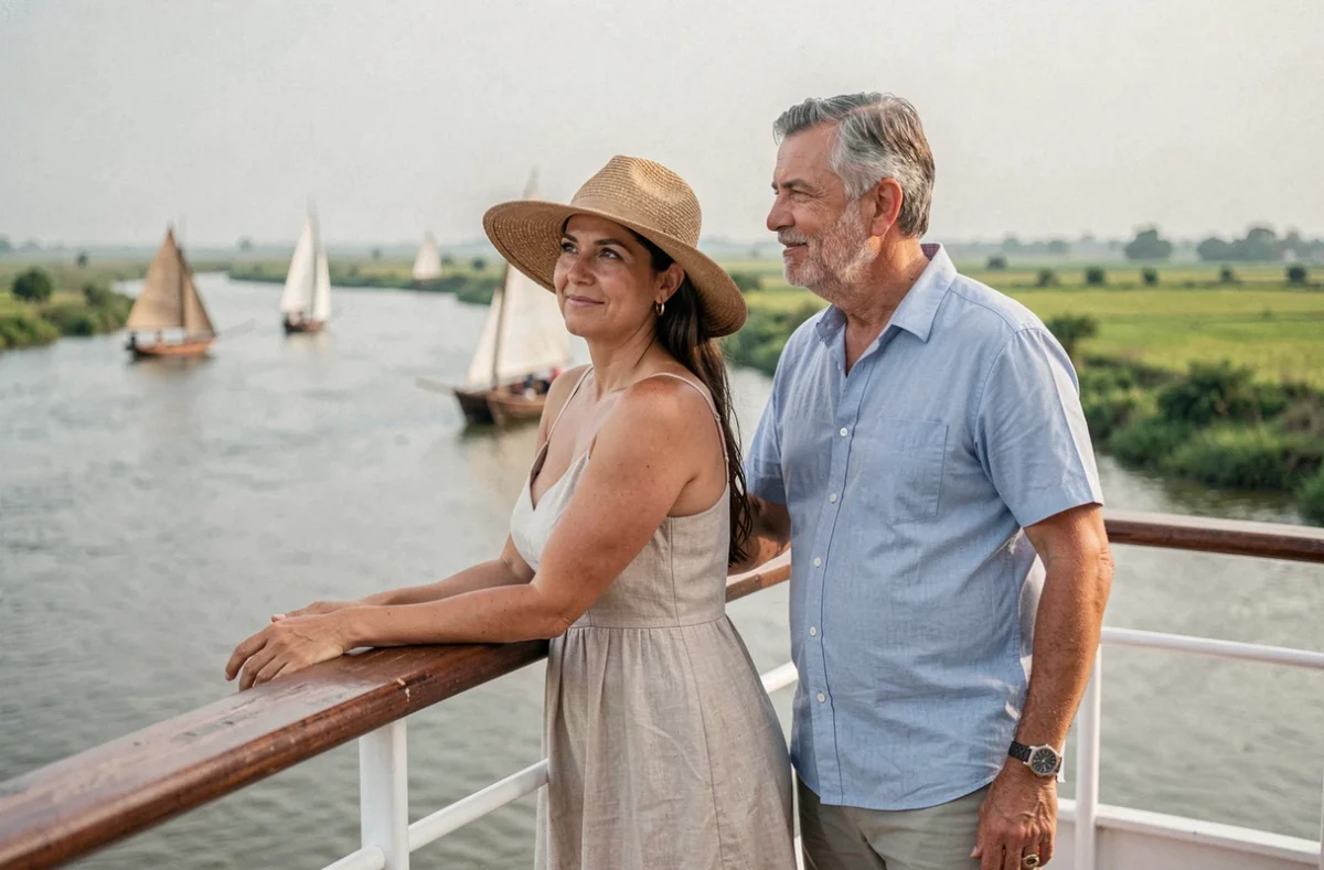 Couple admirant le paysage du Nil depuis le pont d'un bateau de croisière avec des felouques voguant au loin