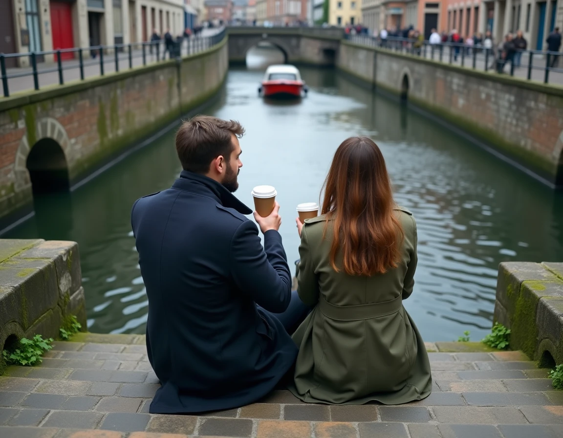 Couple assis sur les marches d'un quai de canal à Gand observant une péniche passer sous un pont médiéval