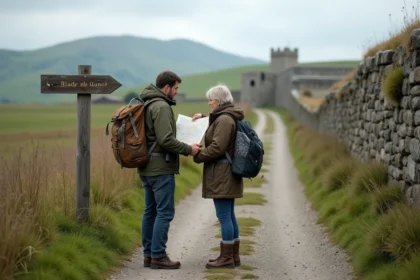 Couple de randonneurs devant un panneau sur le Camino de Santiago