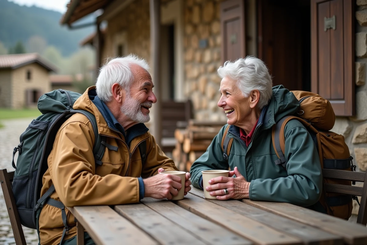 Couple âgé souriant buvant dans une venta près de Dancharia