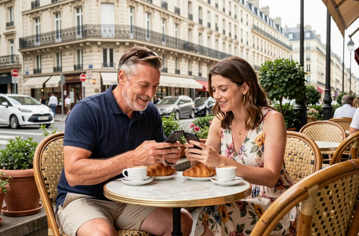 Couple de touristes partageant un café et des croissants en terrasse parisienne avec un boulevard haussmannien en fond