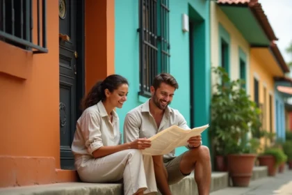 Couple de voyageurs francophones explorant une rue colorée de Kingston en Jamaïque devant un bâtiment colonial