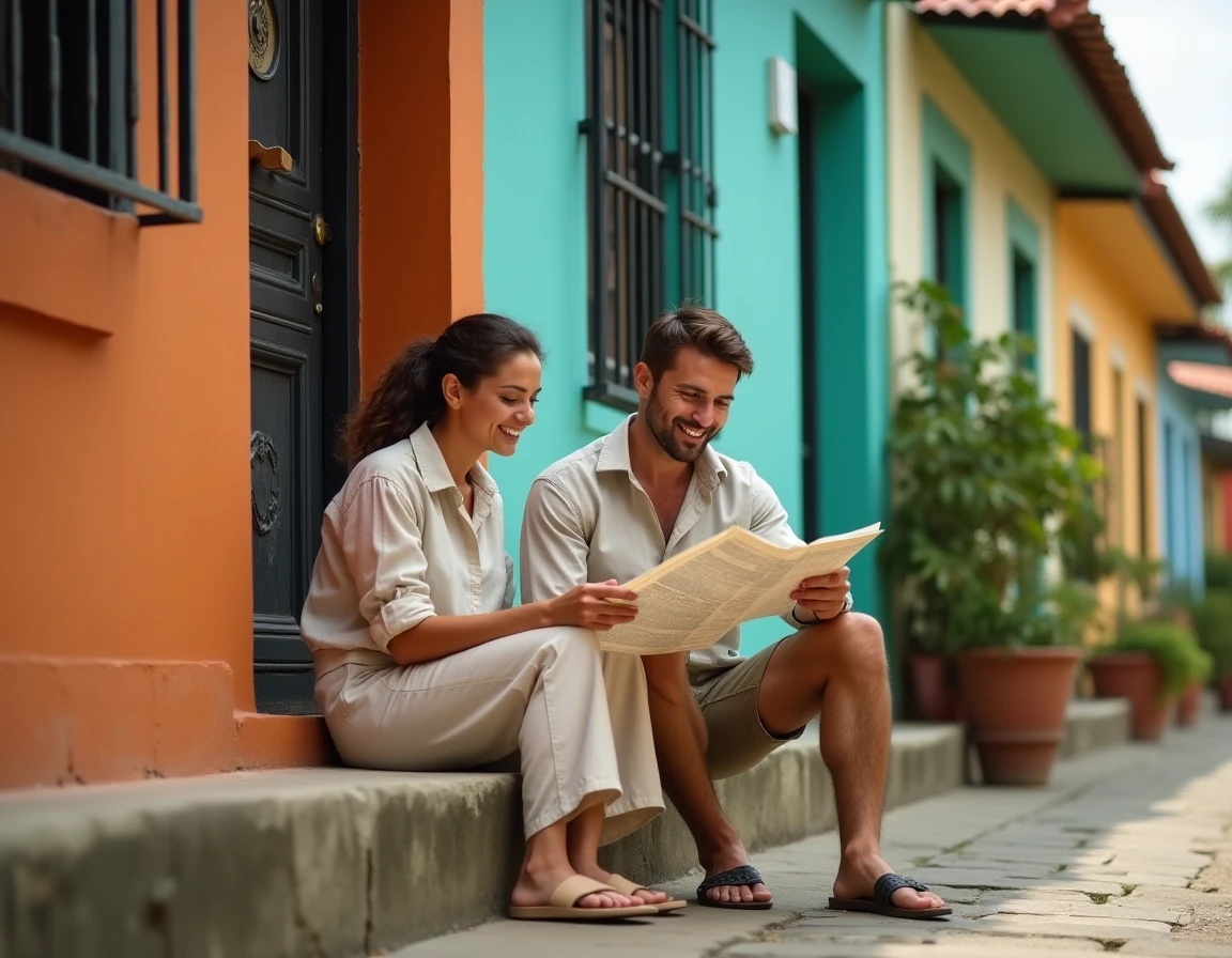 Couple de voyageurs francophones explorant une rue colorée de Kingston en Jamaïque devant un bâtiment colonial