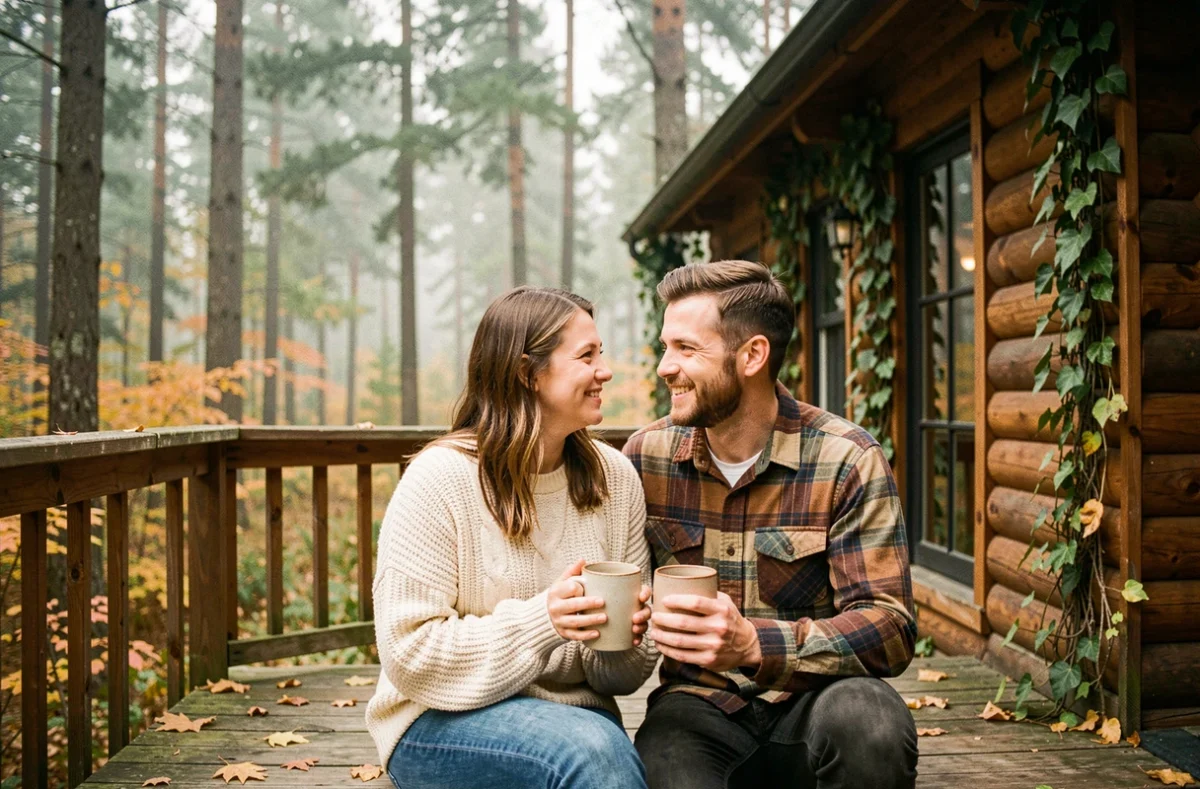 Couple en week-end nature devant un chalet en bois entouré de forêt de pins en automne chez Iris Vacances