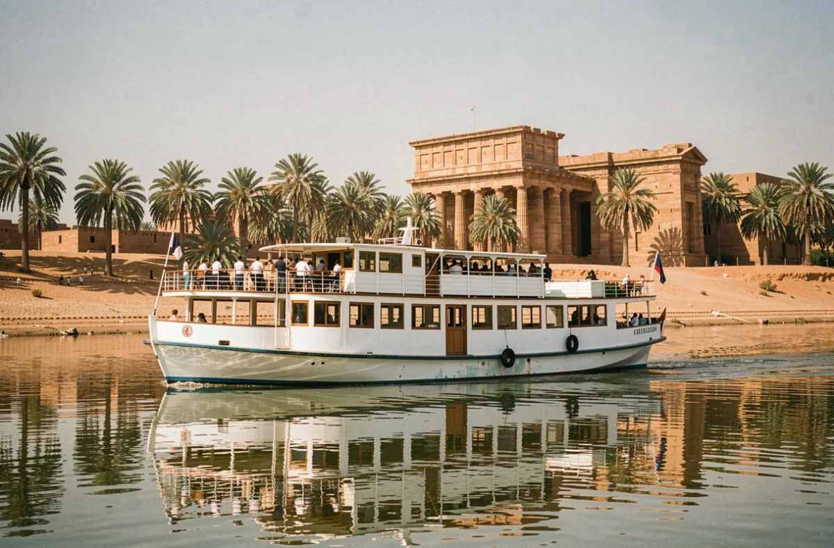 Bateau de croisière sur le Nil longeant les temples antiques de Louxor avec des palmiers sur les rives sablonneuses