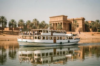 Bateau de croisière sur le Nil longeant les temples antiques de Louxor avec des palmiers sur les rives sablonneuses