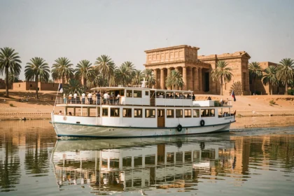 Bateau de croisière sur le Nil longeant les temples antiques de Louxor avec des palmiers sur les rives sablonneuses