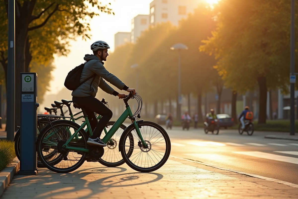 Cycliste utilisant une station de vélos en ville au matin