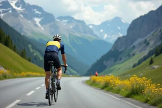 Cycliste sur route qui monte le Col du Petit-Saint-Bernard avec un panorama alpin en arrière-plan