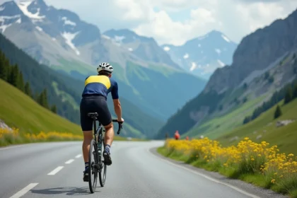 Cycliste sur route qui monte le Col du Petit-Saint-Bernard avec un panorama alpin en arrière-plan