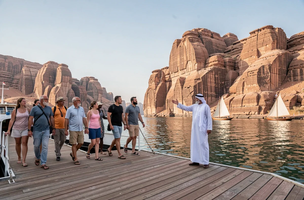 Touristes débarquant d'un bateau de croisière sur le Nil à Assouan avec formations rocheuses granitiques et felouque en arrière-plan