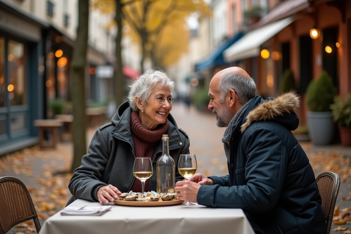 Couple dégustant des huîtres en terrasse à Arcachon hors saison, rue calme avec villas Belle Époque