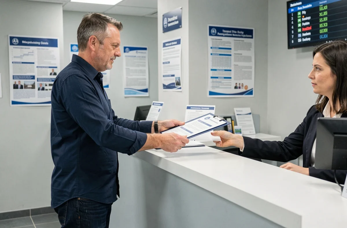 Homme déposant son dossier de demande de passeport à un guichet administratif dans une préfecture