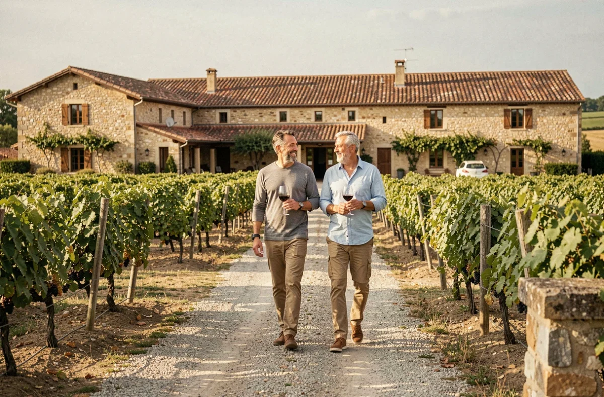 Domaine de Massereau dans le Gard, domaine viticole avec bâtisses en pierre et rangées de vignes pour les campeurs