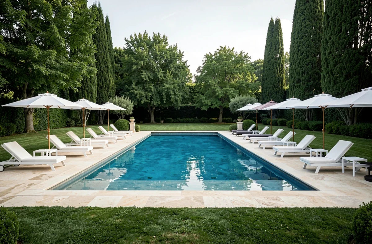 Piscine extérieure du Domaine des Diamants Blancs avec pelouse soignée et transats blancs élégants
