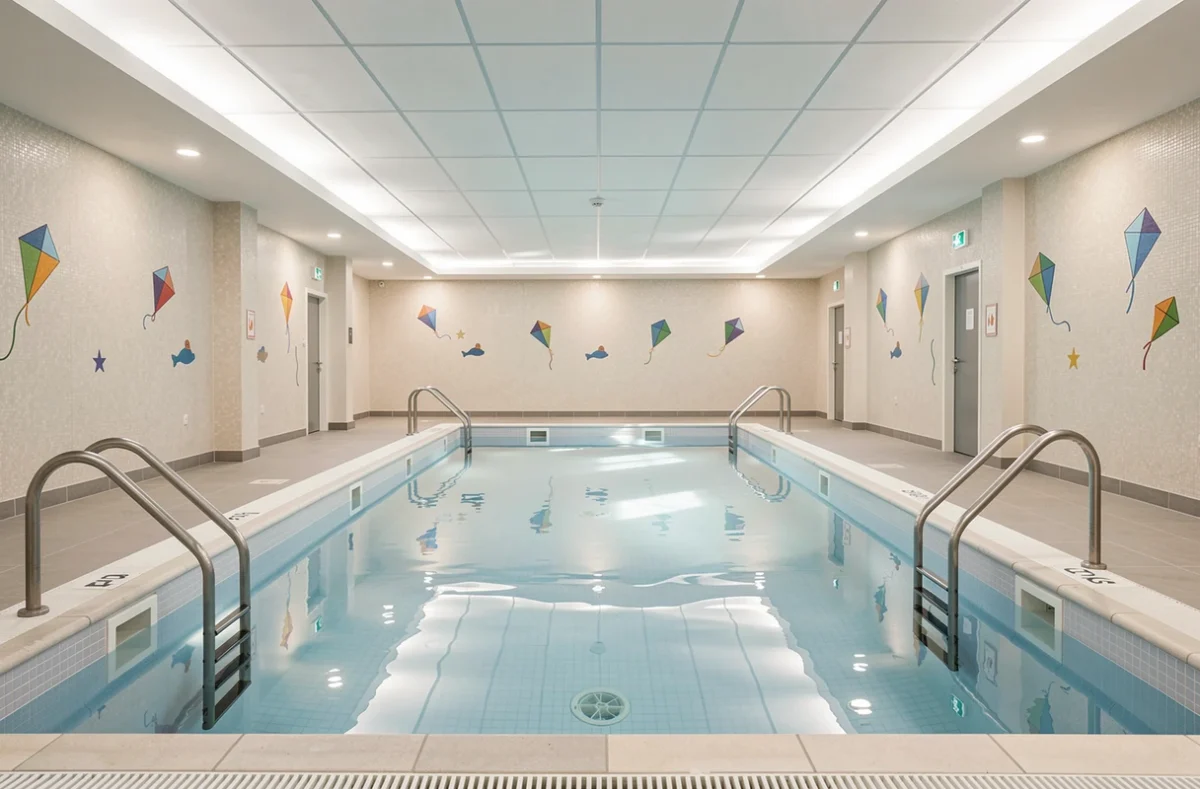 Piscine intérieure accessible de DOMITYS Les Cerfs-Volants avec motifs aquatiques et équipements adaptés