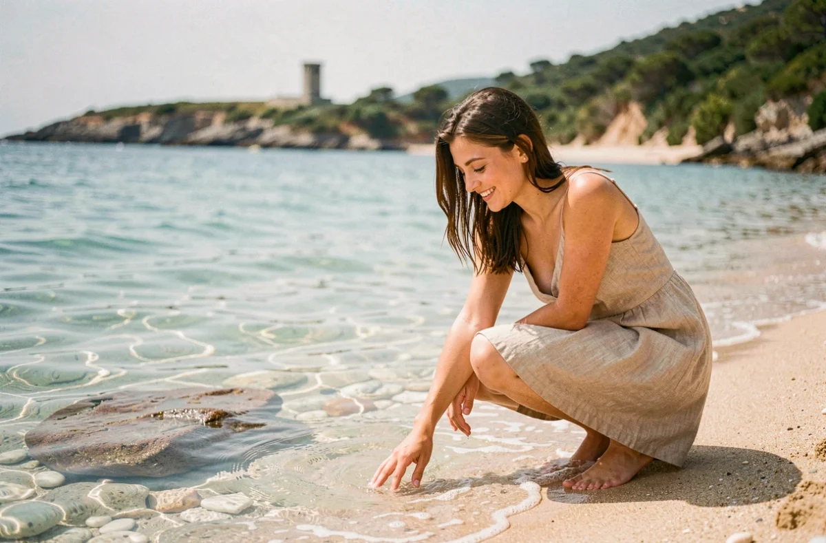 Femme au bord de l'eau turquoise d'une crique corse, gros plan sur le sable blanc et les reflets de l'eau cristalline près de Campomoro