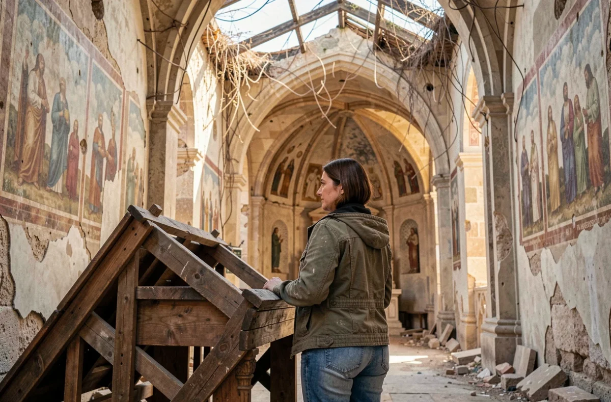Exploratrice urbaine examinant les ruines d'une église abandonnée en Espagne, fresques effacées et toit effondré dans un village fantôme