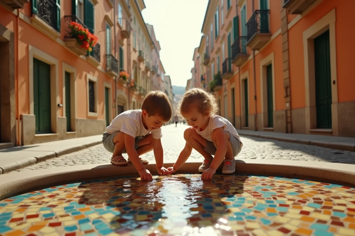 Deux enfants explorateurs découvrant une fontaine en mosaïque dans les ruelles colorées du Vieux-Nice