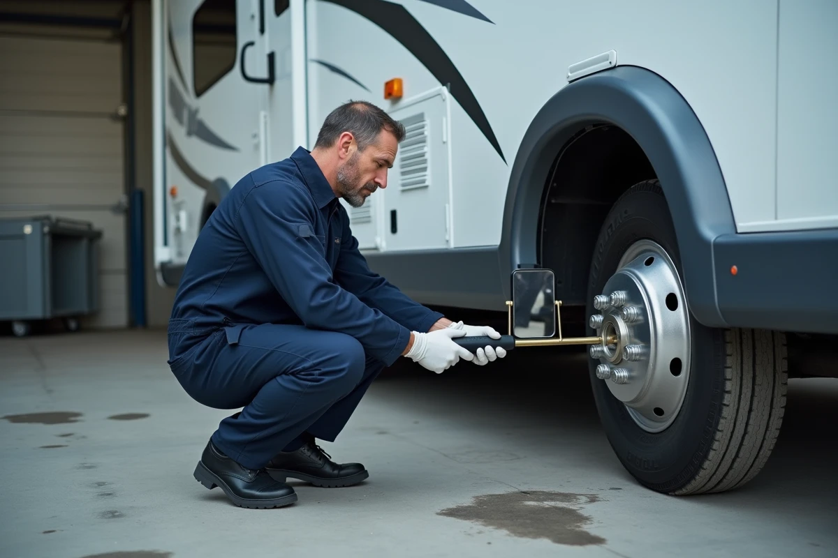 Mécanicien inspectant le dessous d'un hymer dans un atelier de service, illustrant les coûts d'entretien d'un camping-car