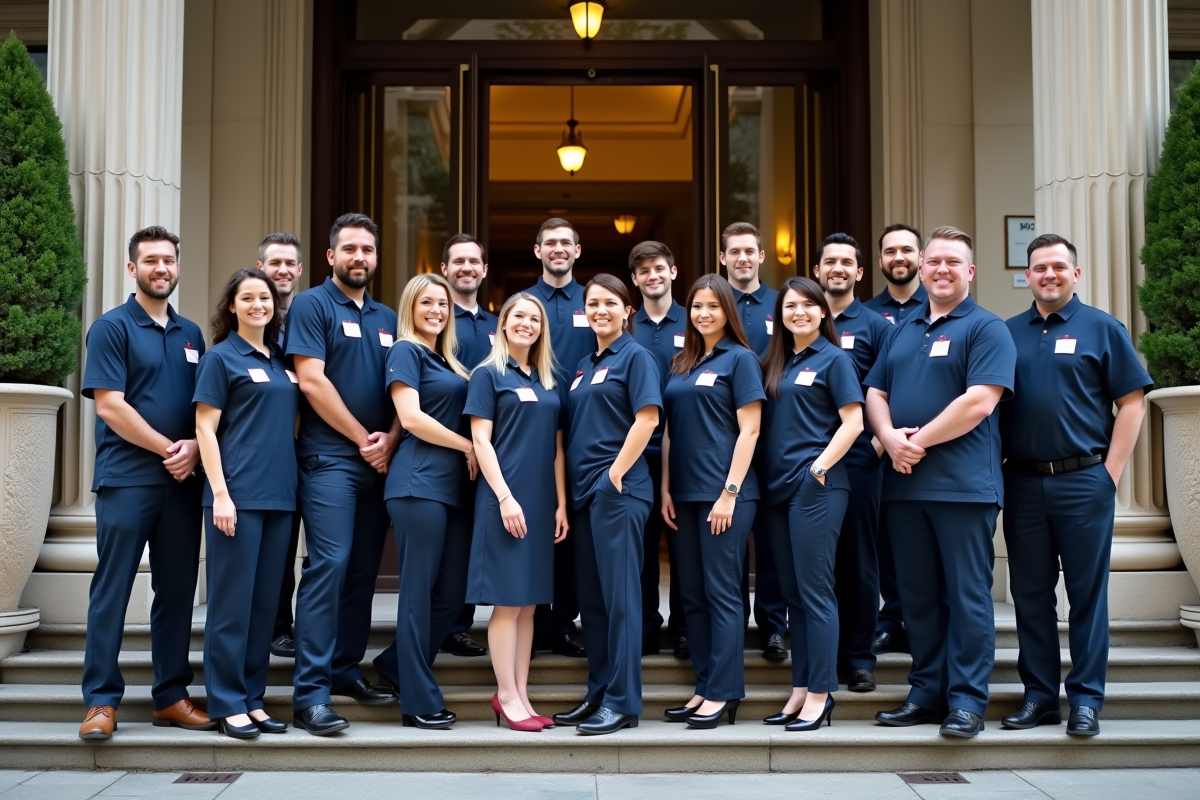 Équipe d hotel dehors devant l entrée principale
