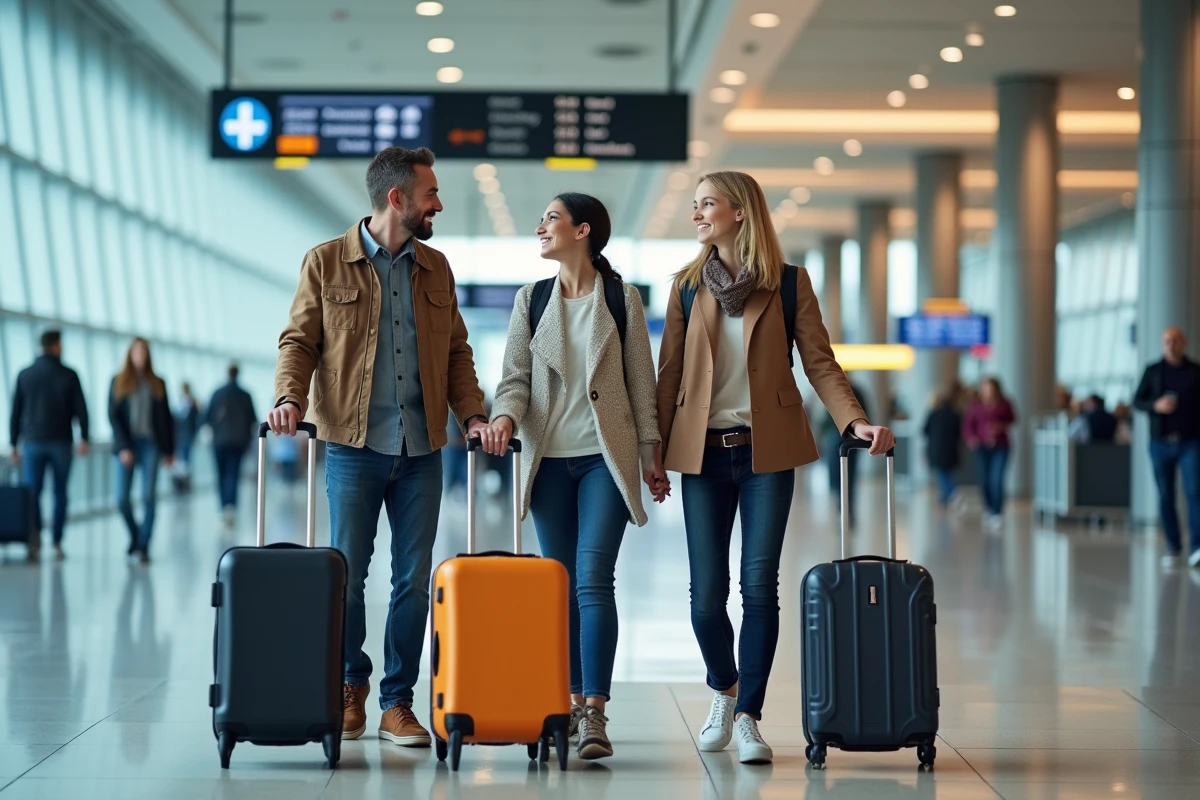 Famille heureuse dans un aéroport en voyage