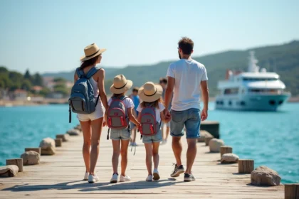 Famille souriante sur le quai en attendant le ferry