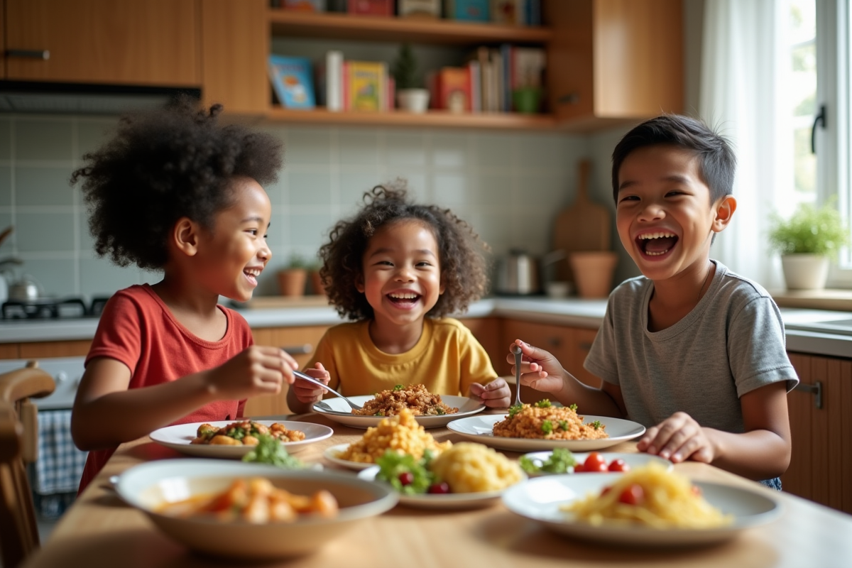 Famille multiculturelle partageant un repas dans une cuisine chaleureuse