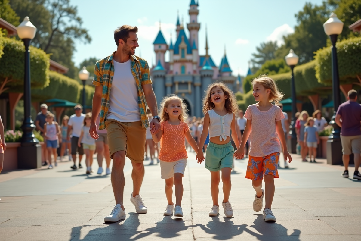 Famille souriante dans un parc d'attractions en été