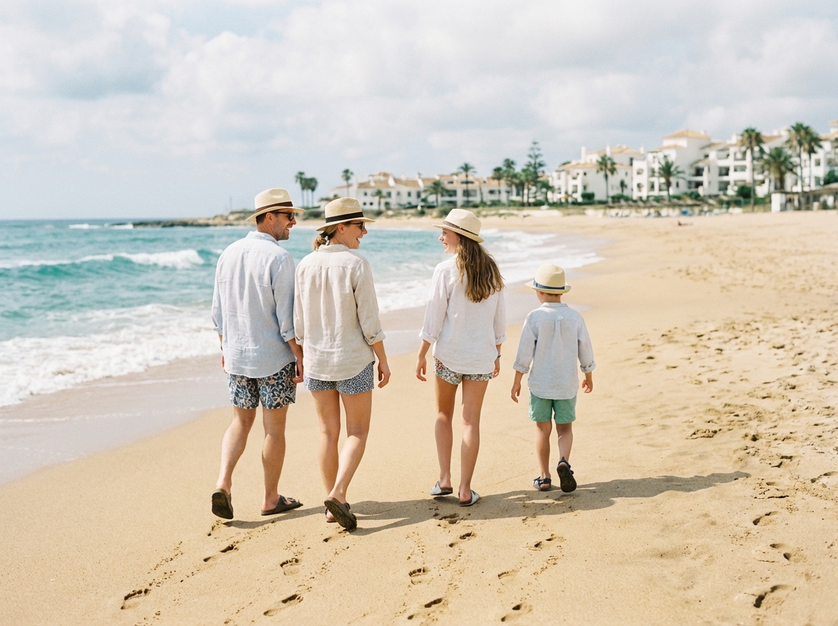 Famille de quatre marchant sur la plage en Espagne