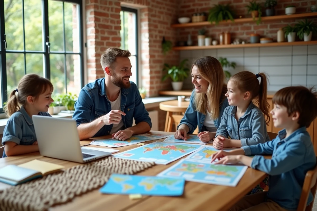 Famille en train de planifier leurs vacances ensemble autour d'une table avec brochures et site de voyage