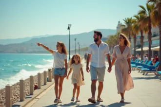 Famille se promenant sur la Promenade des Anglais à Nice avec la mer Méditerranée en arrière-plan