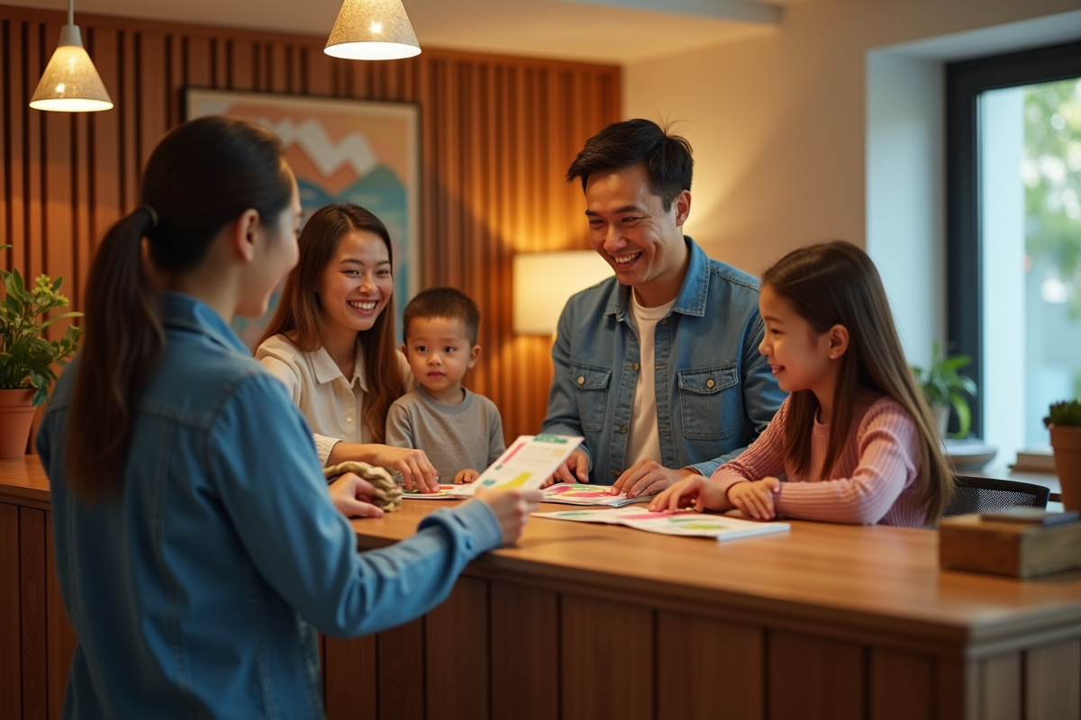Famille remettant vouchers à la réception d