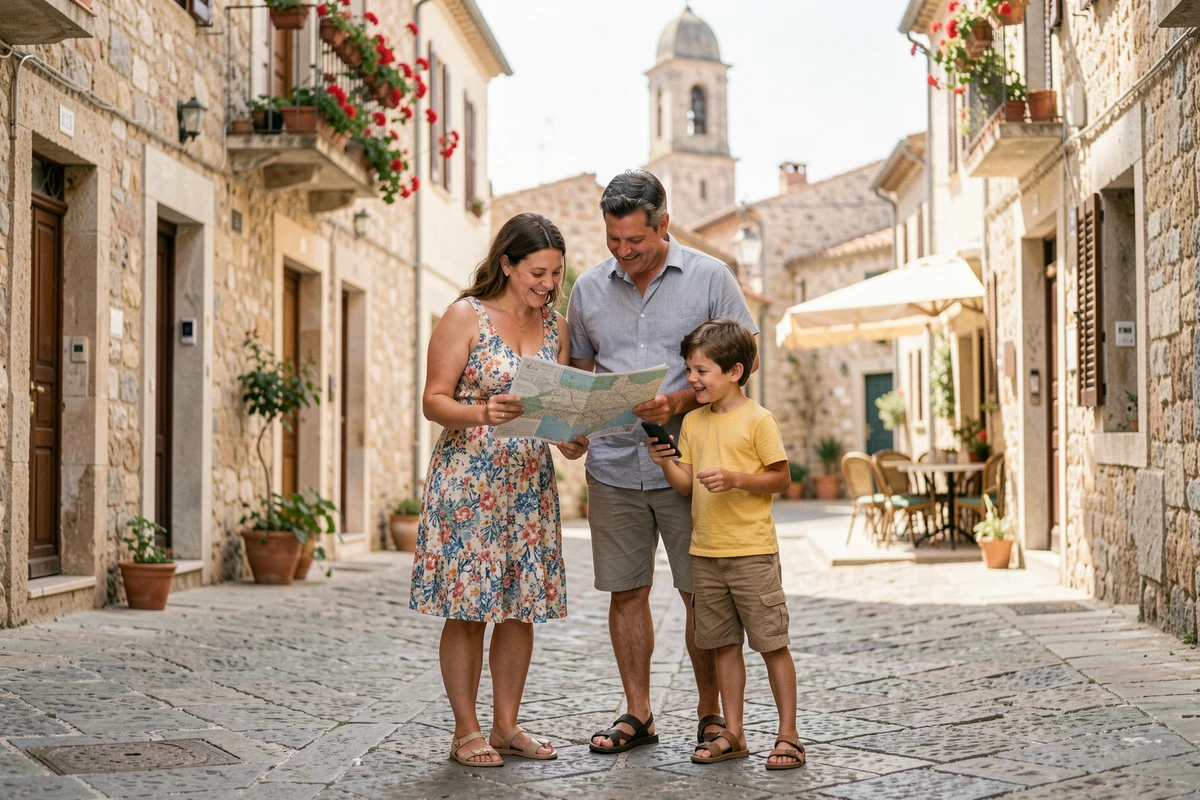 Une famille en vacances bon marché à l'étranger explore une rue pavée d'un vieux village européen avec une carte et un smartphone