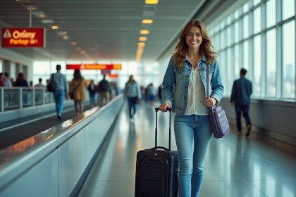 Jeune femme souriante à l'aéroport avec valise en check-in