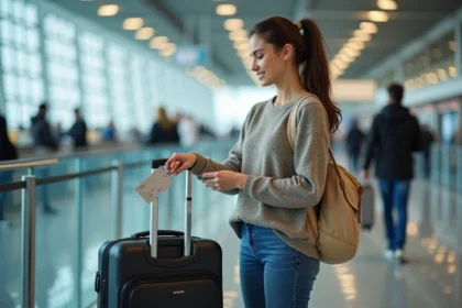 Jeune femme à l'aéroport attachant une étiquette à sa valise