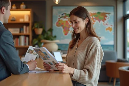 Femme en agence de voyage examine brochures et notes