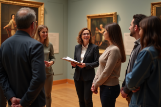 Femme en tenue chic parlant dans un musée d'art