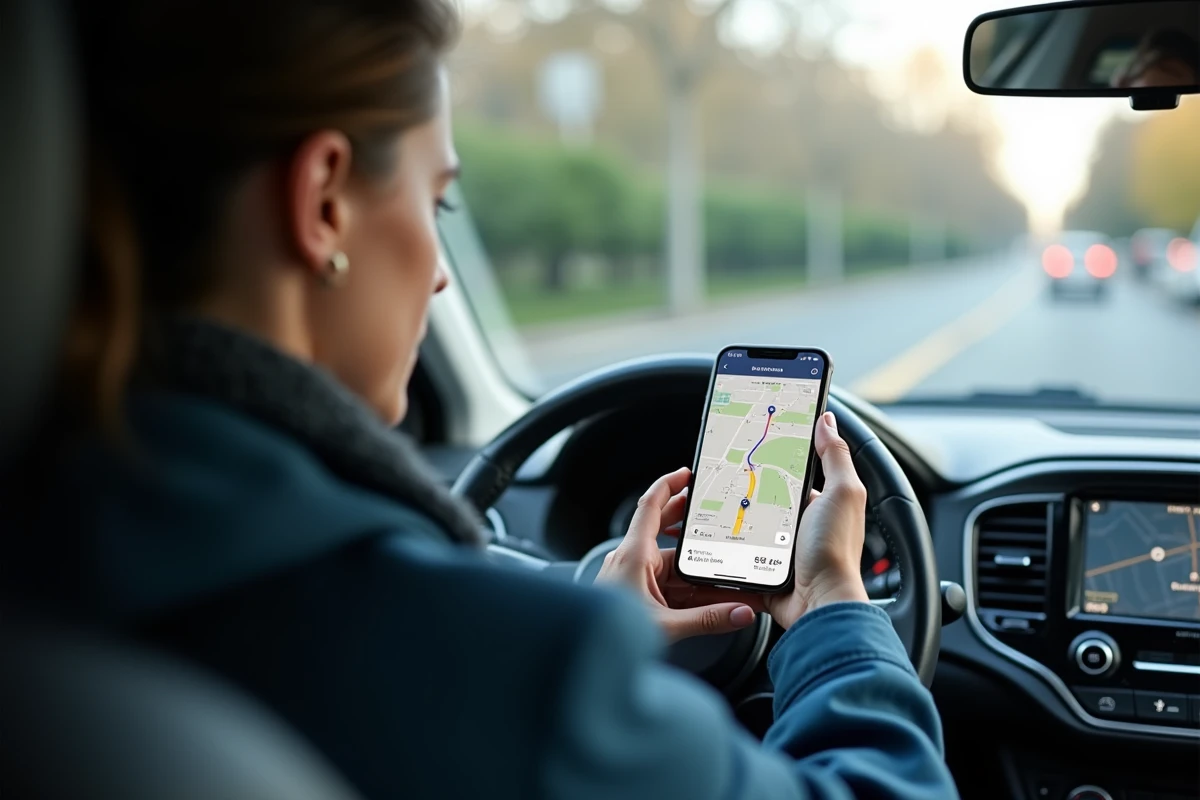 Femme consultant l'application Mappy sur smartphone monté dans une voiture pour planifier un itinéraire