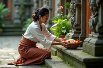 Femme balinaise en kebaya déposant une offrande dans un temple