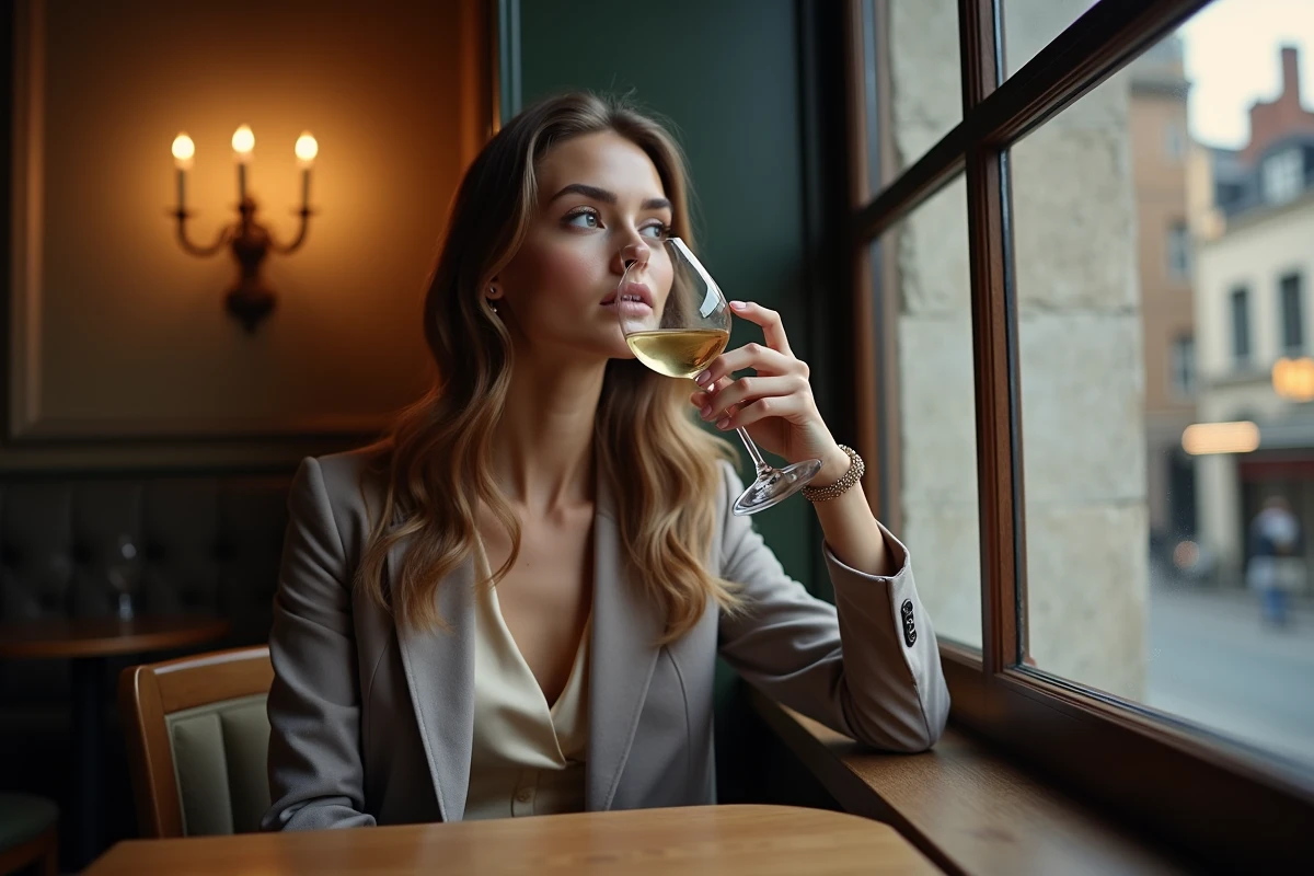 Femme dégustant un vin blanc dans un lobby de boutique à Dijon