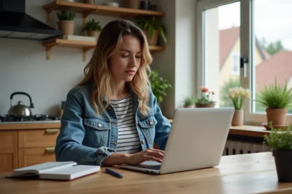 Jeune femme au bureau à la maison utilisant un ordinateur portable