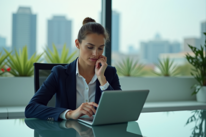Femme en blazer bleu dans un bureau lumineux avec tablette