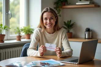 Femme souriante tenant une carte cadeau voyage Selectour