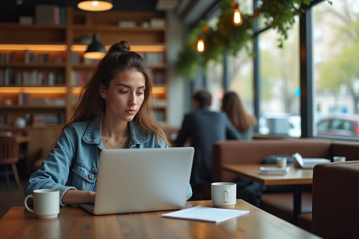 Jeune femme étudiant dans un café parisien