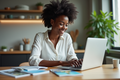 Jeune femme compare offres d'assurance voyage sur son ordinateur